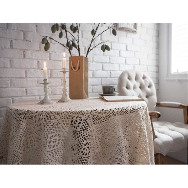 Bomuld Crochet Håndklæde Rundt Dug Støvbestandigt Borddække Hjem Køkken Kvaster Fotorekvisitter (Beige)