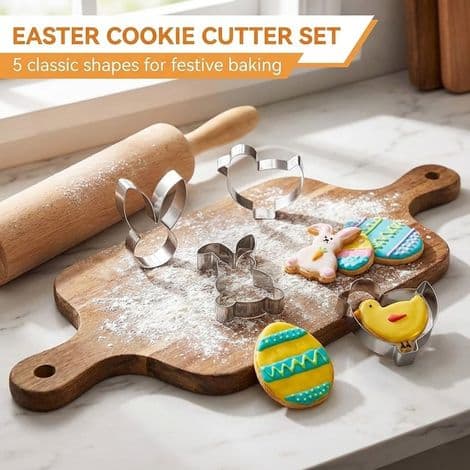 Stainless Steel Cookie Cutters (5 Pieces), Easter Bunny Design, Rabbit Shaped Mold, Easter Cookie Molds