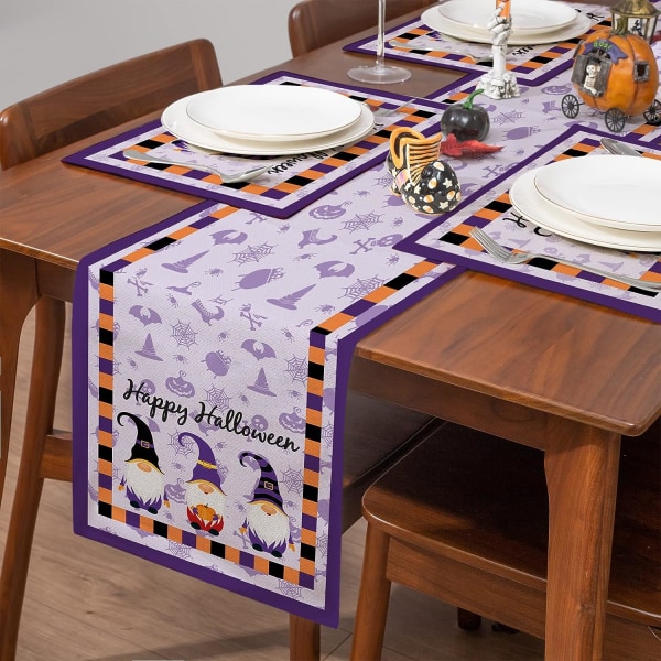 Halloween Purple Gnome Table Runner Pitkän keittiön ruokapöydän koristelu juhlahäihin sisätiloihin