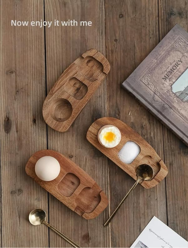 Egg Tray in Acacia Wood Egg Cup Holder Egg Shell Cup Egg Rack for Boiled Eggs Breakfast Serving (with spoon)(Ho)