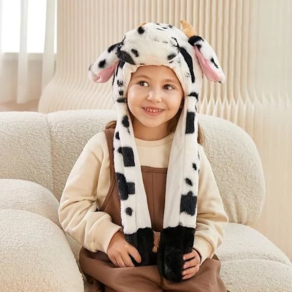 Stuffed Animal Hat Ears Movable Jumping Hat Fun Interactive Hat, Cow Hat