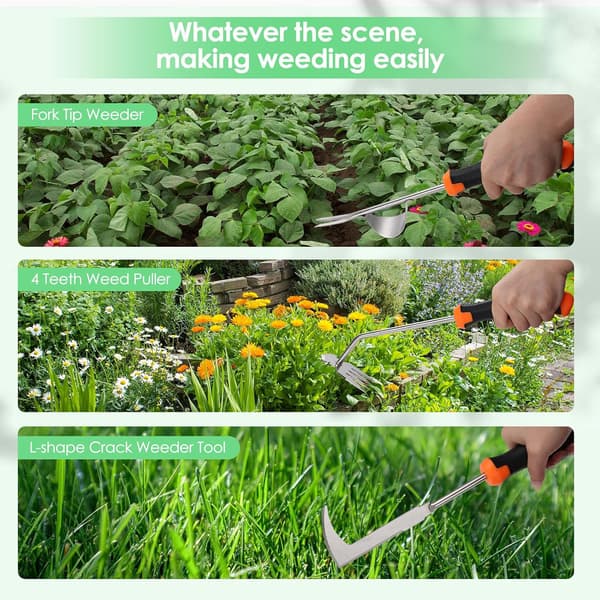 3-pack weeding tools with rubber handle, thickened stainless steel garden scraper, brush set for garden, patio, backyard, farm use
