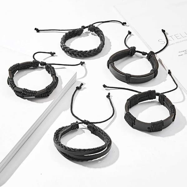5-pak håndlavede læderarmbånd til mænd, sort