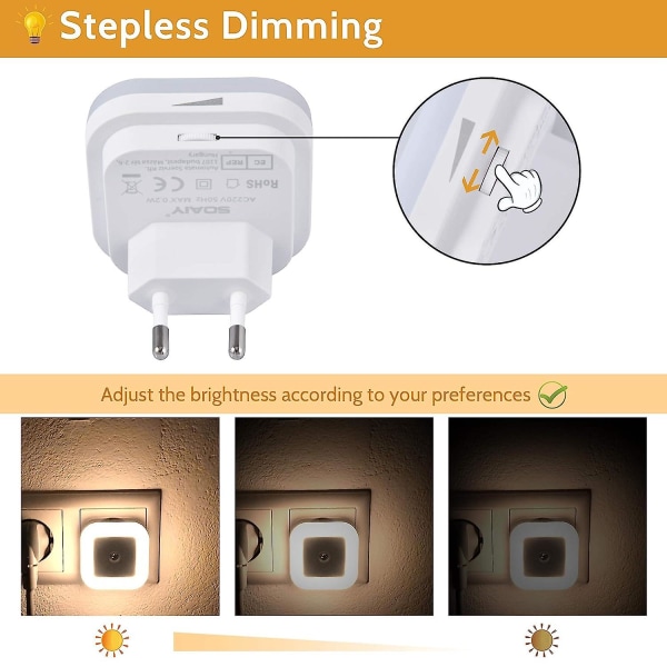 Set med 4 Dimbara LED-Nattlampor med Skymningssensor 0,2W Energibesparande Orienteringslampa för Barnrum, Sovrum, Hall, Trappor, Kök