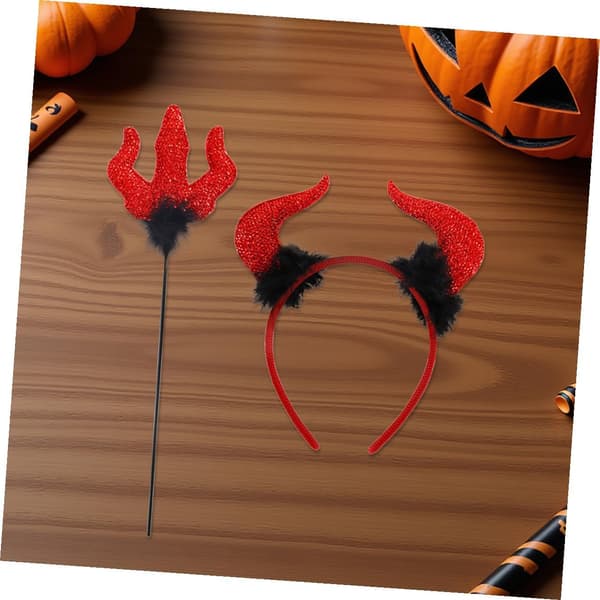 4 Sets Halloween Set Demon Horns Kit Spooky Headband and Trident Staff