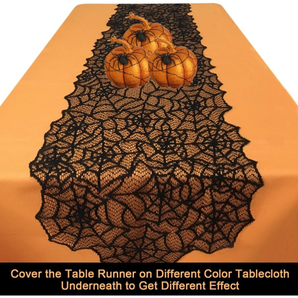 13x72 tommer (sort)，Halloween-bordløber - Black Lace Spider Web-bordløber til Halloween Masquerade Skræmmende film nærmer sig