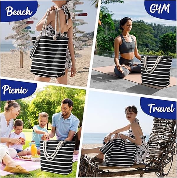 Large Capacity Canvas Beach Bag, Waterproof and Sandproof, Black and White Striped, Handbag