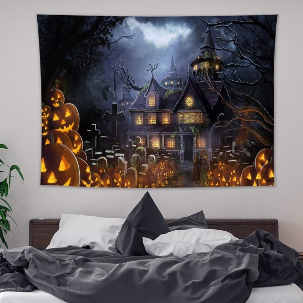 Tapestry Haunted Castle Tapestry Vægophæng Kirkegård Woods Moon Night Pumpkin Jack-O-Lantern Vægdekoration Vægtapet til Bedro