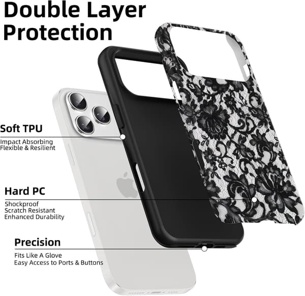 A beautiful black lace pattern case, silicone compatible, suitable for 17 Pro 6.3 inches, shockproof.
