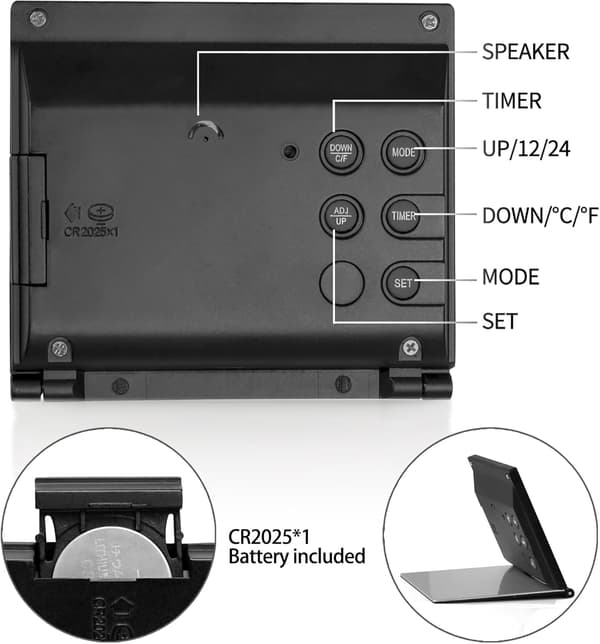Digital Travel Alarm Clock - Foldable Calendar & Temperature & Timer LCD Clock - Large Digit Display - Compact Desk Clock (Black)