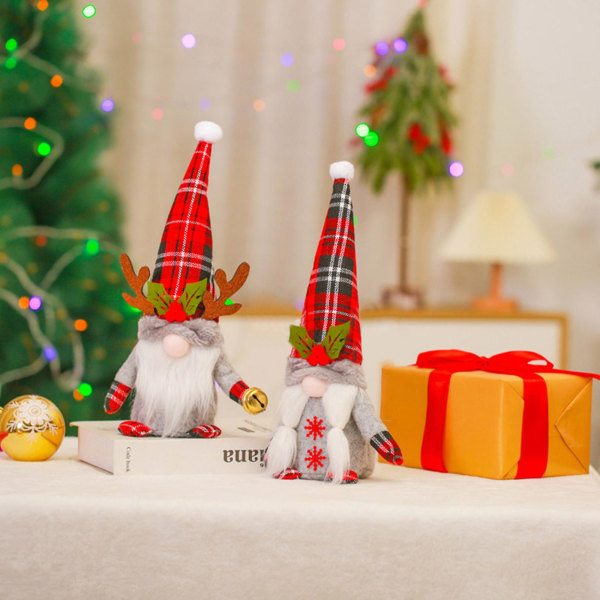 Julgranspynt Rutiga Hjorthorn Handgjord Svensk Tomte Gnome Plysch Jultomte Elf Typ A