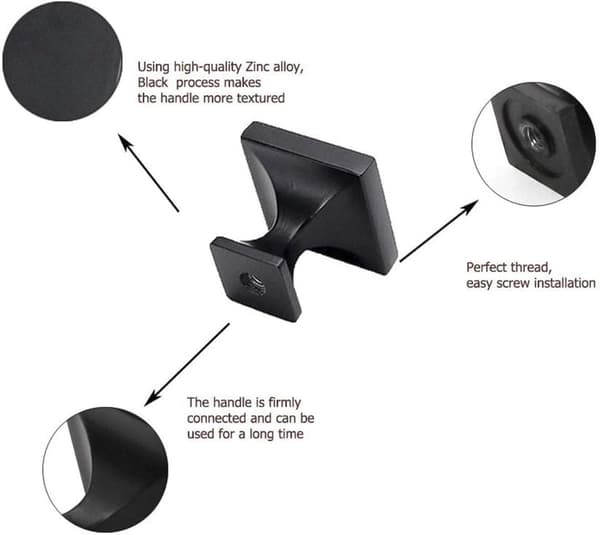 10 Black Square Cabinet Knobs, Zinc Alloy Drawer Pulls for Kitchen, Wardrobe, Bathroom, Modern Design
