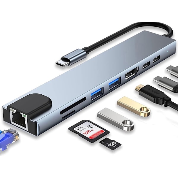 Sovitin 8-in-1 USB-C - Thunderbolt, HDMI, SD ja RJ45
