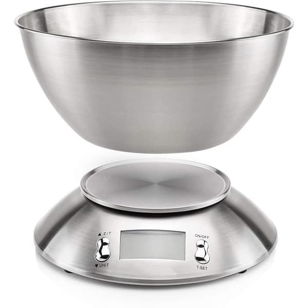 5 kg/1 g Stainless Steel Kitchen Scale - with 2.15 L Detachable Bowl, Large Backlit Display, Tare Function - Silver