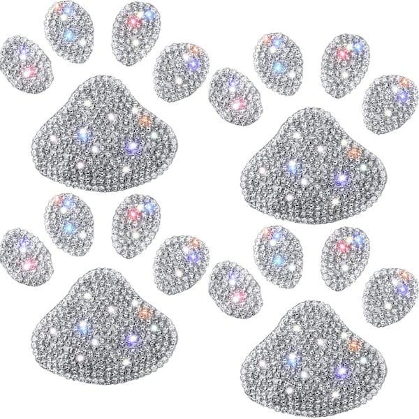 4 kpl Koiran tassun muotoisia tarroja, Bling-timantteja, Auton koristelu, Bling-timantti-tassut, Valkoiset timantti-auton tarrat, Bling-koira