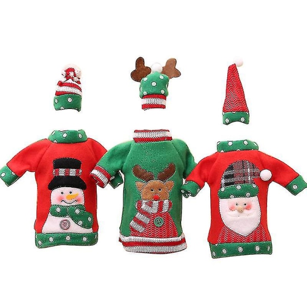 Grimme sweater julevinflaskecover, håndlavet sweater vinflaskeposer til juledekorationer Grimme sweater festpynt jul(3 stk,