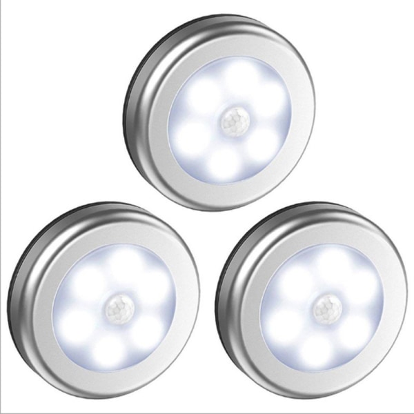 3st trådlös LED-lampa med rörelsesensor för garderob, trappor, hall, kök, sovrum (silverskal (vitt ljus))