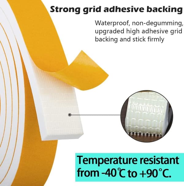 Weatherproof Self-Adhesive Foam Strips for Sealing Doors and Windows to Prevent Cold Drafts 2 Rolls Total 4M Long White