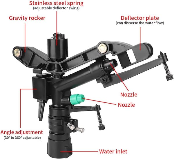 Impact Nozzle Rotating Garden Sprinkler Adjustable Rotation Angle Coverage 1 Inch Internal Thread Sprinkler for Garden Lawn
