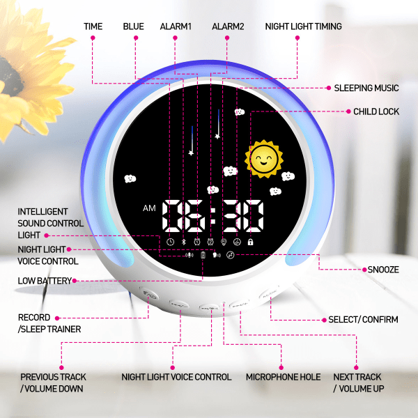 Vækkeur til børn, Sleep Trainer til børn, Vækkeur med lys, Lydmaskine til søvn, Intelligent Bluetooth