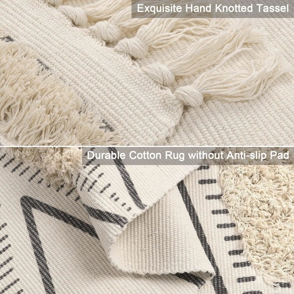 Vaskbar Tuftet Bomuldsløber til Gang med Kvaster Vævet Geometrisk Mønster Boho Gulvtæppe til Vaskeri og Soveværelse (Beige, 60 x