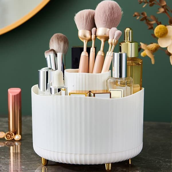 Rotating Makeup Brush Storage, Multi-Compartment Organizer, Desk Pen Holder White