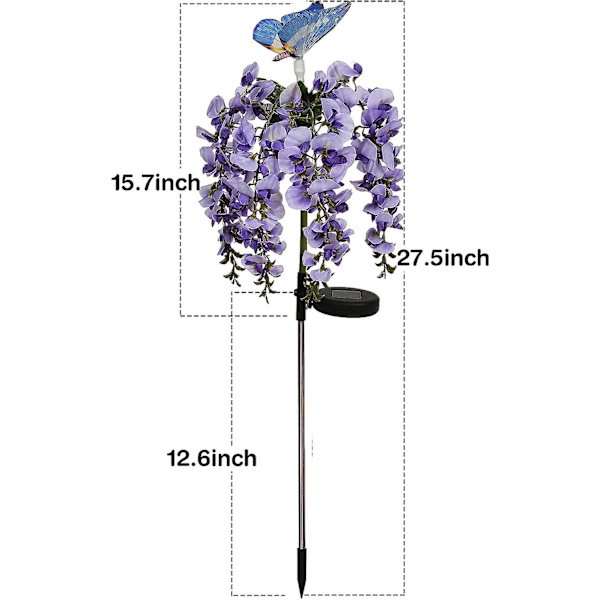 Wisteria-kukkaköynnöksen perhonen aurinkovalot - Moniväriset vaihtuvat LED-valot puutarhaan, terassille, pihalle ja polulle (violetti)