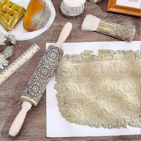 Embossed Wooden Rolling Pin with Floral Pattern, 35 cm, for Cookie Baking, 3D Pattern, DIY Kitchen Utensil, Baking Accessory, Homemade Pastry