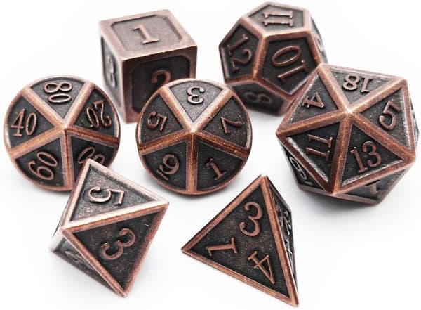 Antikk Kobbermetall DND Terningesett 7 Terninger Polyedriske D&D Terninger for TTRPG Dungeons and Dragons Gave