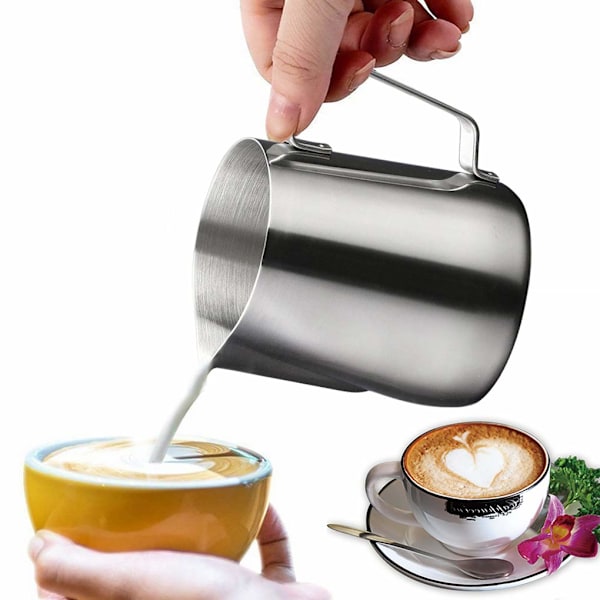 Mjölkkanna i rostfritt stål 450 ml, skumningskanna för espresso, kaffe, mjölkskummare, latte art, lätt att rengöra.