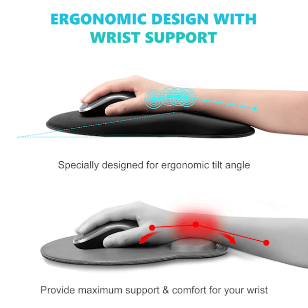 Musematte med håndleddsstøtte, Ergonomisk musematte med håndleddsstøtte, Smertelindrende musematte med sklisikker gummibase, Komfortabel (Svart)