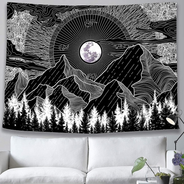 Black and White Tapestry Starry Night Mountain Tapestries for Bedroom Aesthetic Moon and Stars Wall Hanging Dark Nature-150x200cm