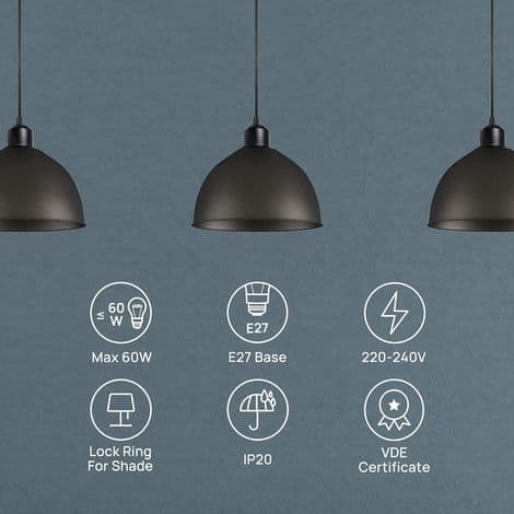 E27 pendant lamp with screw ring, 100 cm adjustable fabric cable, compatible with lampshades, ideal socket for kitchen pendant lighting, black