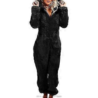 Vinter fluffy fleece hættetrøje heldragt til kvinder (3XL sort)