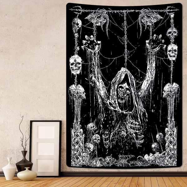 Skalle Tapestry Sort og Hvid Tapestry  Tapestries Sort Troldmand Tapestry Lodret Gotisk Tapestry Væghængning til Værelse (73× 95CM