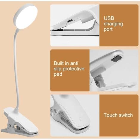 LED USB Clip-on Lamp with Touch Control, 3 Lighting Modes, Adjustable Brightness, Desk Lamp, Reading Lamp, Bedside Lamp with Clamp, Protective
