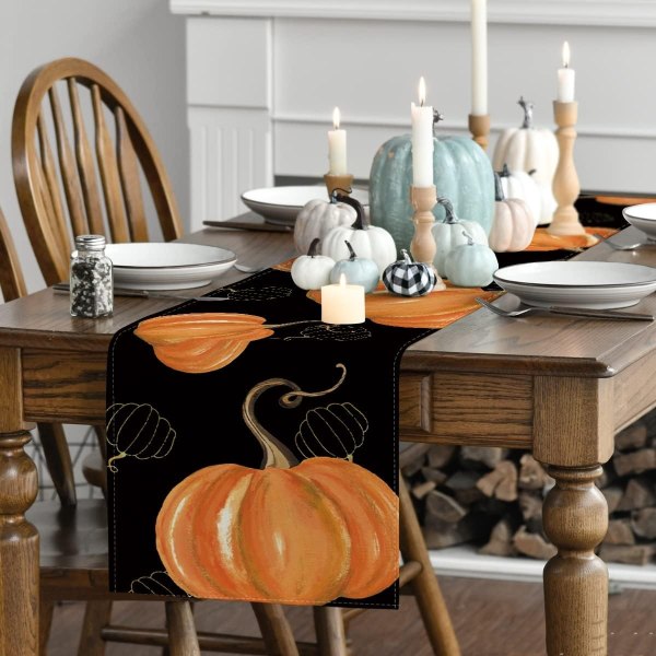 13 x 72 tommer Vandfarve Orange Græskar Hule Squash Thanksgiving Bordløber Sort, Sæsonbestemt Efterårshøst Halloween