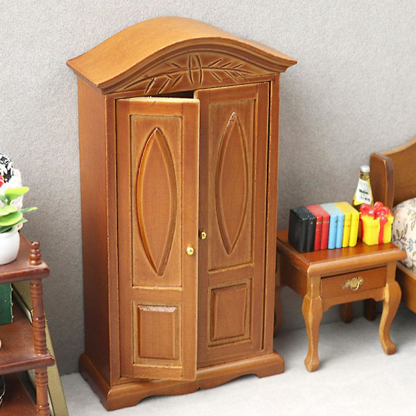 Udsmykning af Miniature Træskab til Dukkehuse - Carved Mini House Wardrobe Decor Miniature Wooden Wardrobe Furniture ModelsBrown15.9X8.3CM