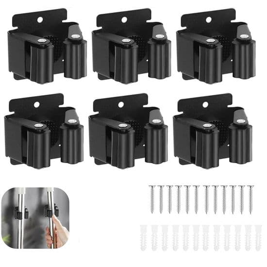 Wall Mounted Broom and Mop Holder for Bathroom, Kitchen, Office, Garden, Garage - 6 Pieces Black