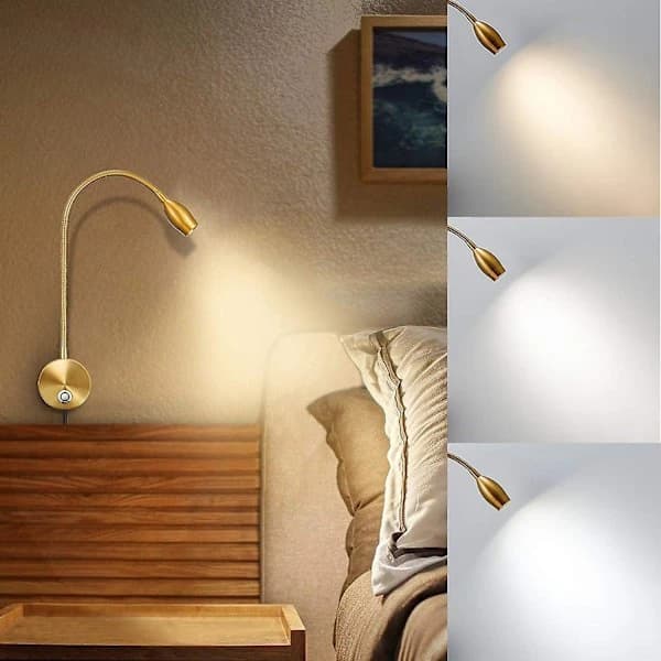 HA-Dimmable LED Reading Lamp, Wall Mounted Bedside Lamp, Flexible Gooseneck with Touch Dimmer, Plug, 3 Color Modes, 2-Pack