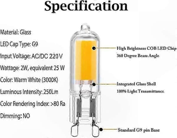 10-pack G9 2W LED-lampor, Halogenekvivalent 25W, Varmvitt ljus 3000K, 220-240V [DB]