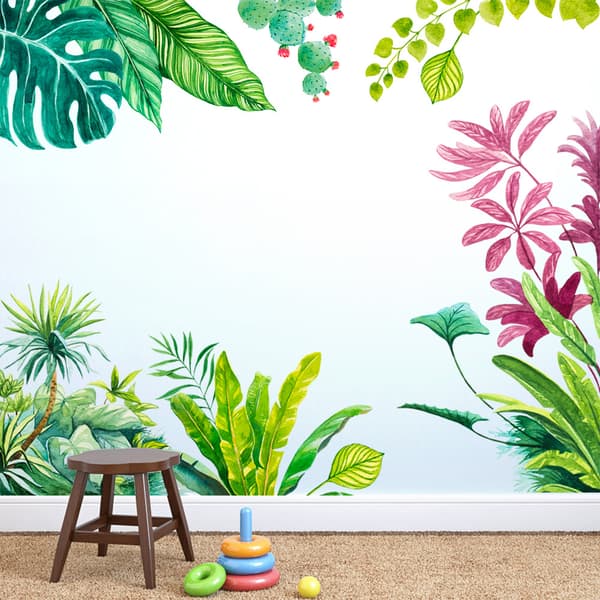 Väggdekal med monstera-blad, blommor och rankor för vardagsrummet