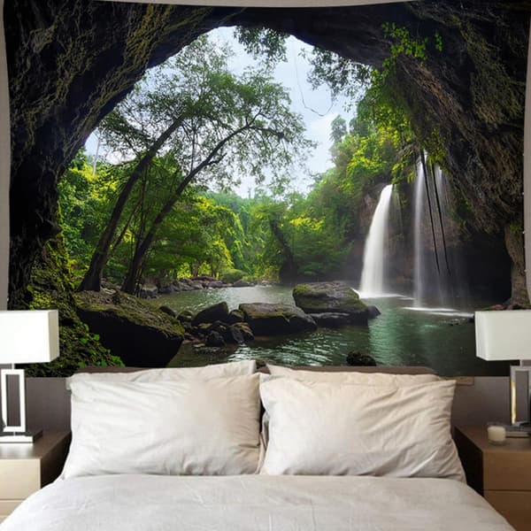 Forest Waterfall Tapestry, Terylene Background, Multifunctional and Easy to Clean Hanging Decor