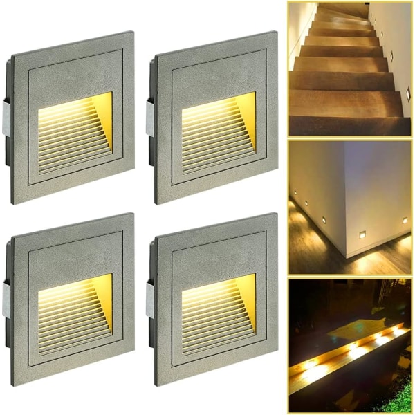 4 stycken 3W LED Inbyggda Vägglampor, Kalla Vita IP65 Vattentäta Trappbelysning, Stegljus, Aluminium, Dekoration Inomhus Utomhus Belysning
