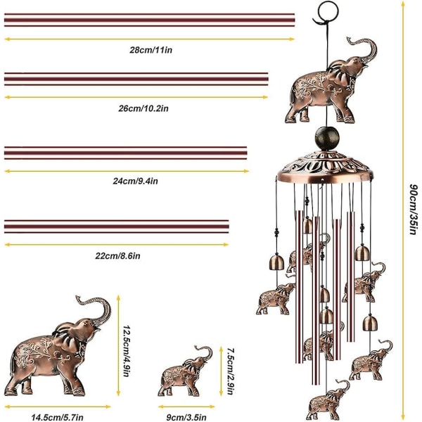 Elefantvindspel, Kopparvindspel Dekoration Med 1 Lyckokula 4 Aluminiumrör 6 Klockor, Vindspel För Trädgård Patio Hängande Dekoration