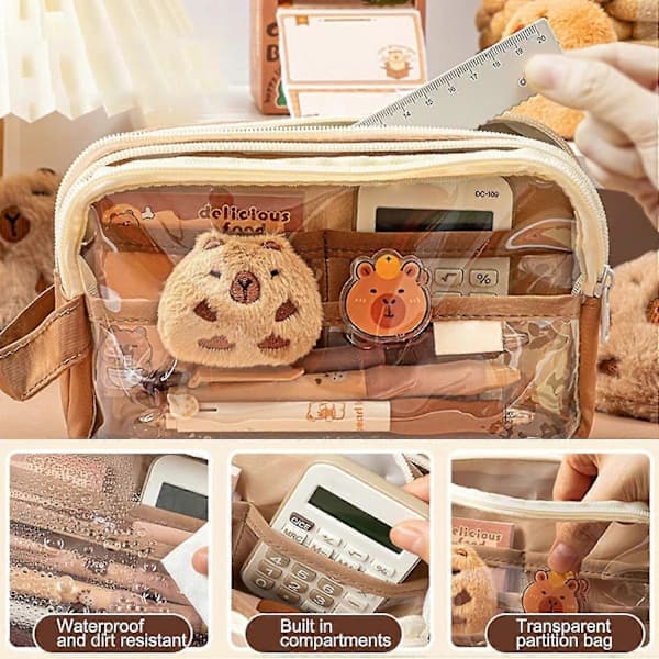 HA~Cute Pencil Case, Transparent Pencil Case, Capybara Large Capacity Pencil Case, Multi-layer Cute Transparent Case with Stickers, Brooch