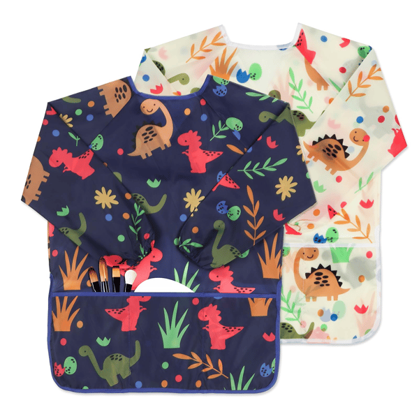 Kunstforkle for barn - 2-pakning vanntett dinosaur langermet med lommer for 3-8 år - Blå+Hvit Blue+White
