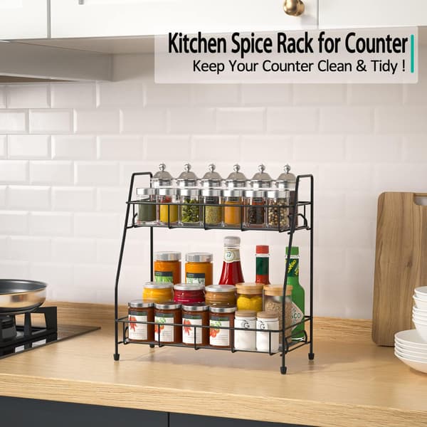 Spice Rack for Kitchen, Metal Spice Holder, Spice Storage for Kitchen Countertop, 2-Tier Storage Shelf, Black (bt)