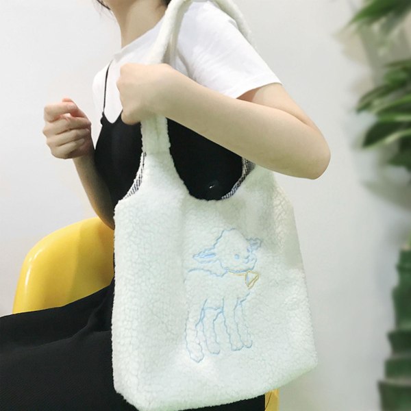 Skulderveske for kvinner og jenter med lammebroderi, topphåndtak, tote, messenger, satchel, grå