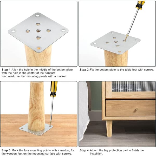 Sæt med 4 Træben til Møbler, 8 cm Erstatningsben til Sofa, Sofabord, med Tilbehør (Retvinklet Design)